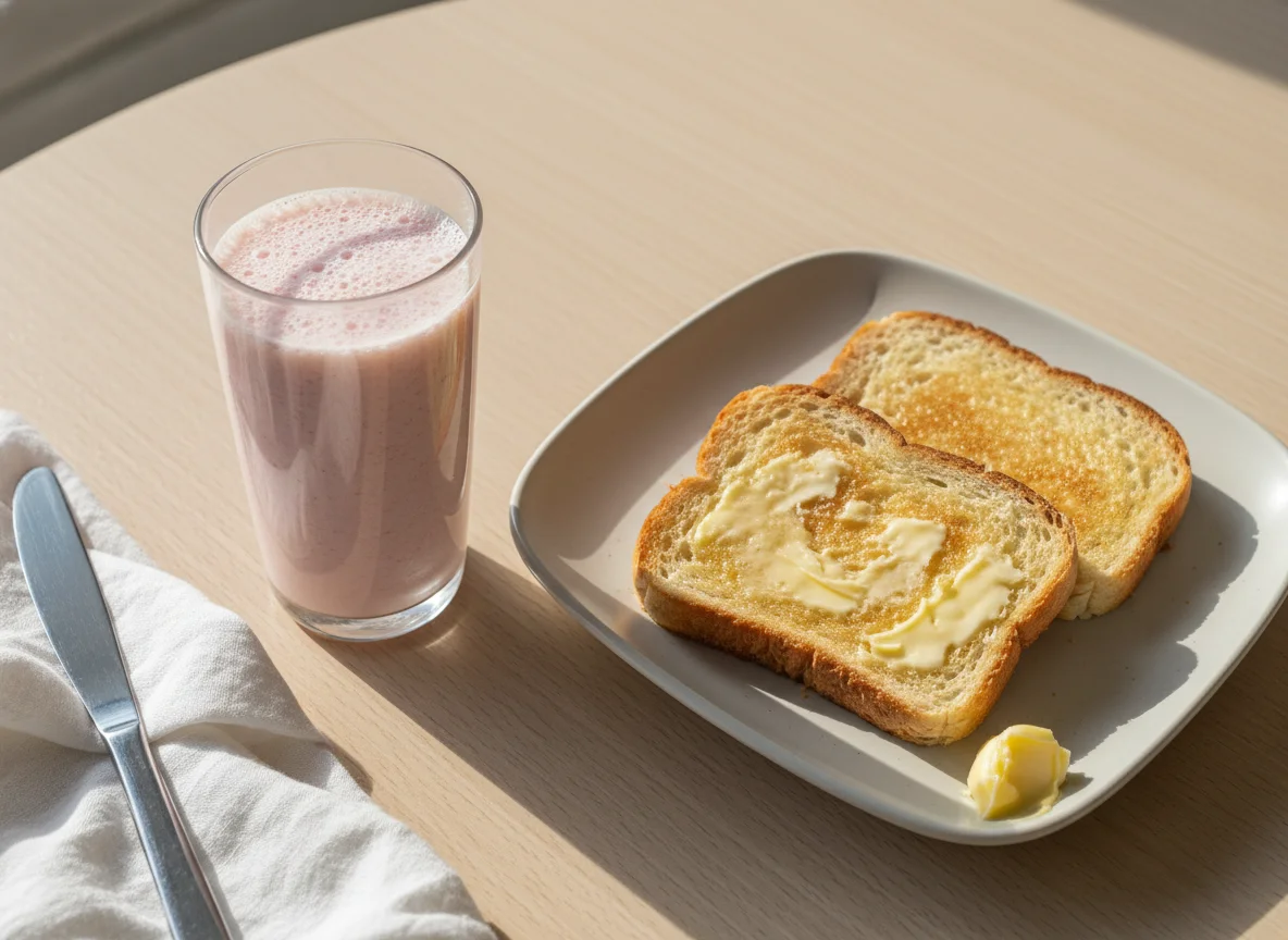 Café da manhã com vitamina e pão na chapa photo