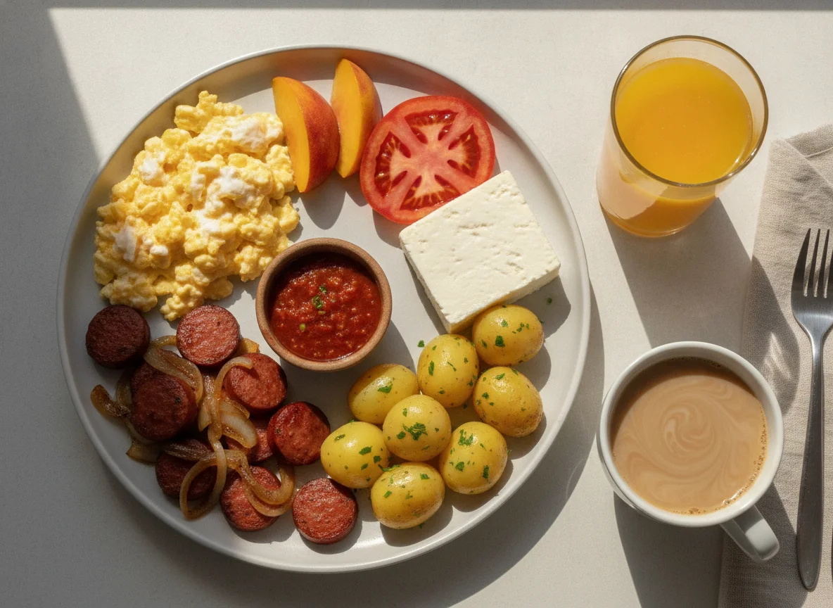 Café da manhã completo com ovos, linguiça e frutas photo