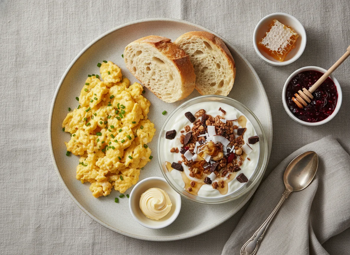 Café da manhã completo com ovos mexidos, pães e iogurte com granola photo