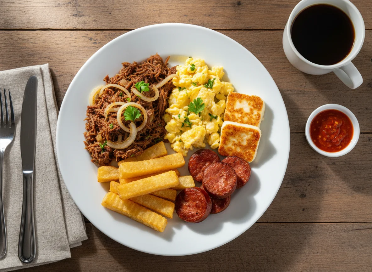 Café da manhã nordestino com carne de sol, ovos e queijo coalho photo