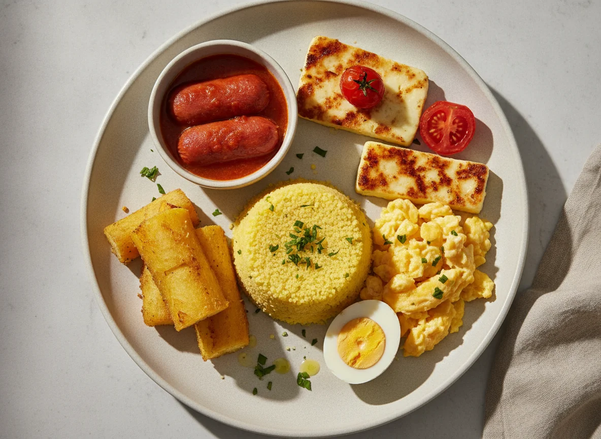 Café da manhã nordestino com cuscuz, mandioca e ovos photo