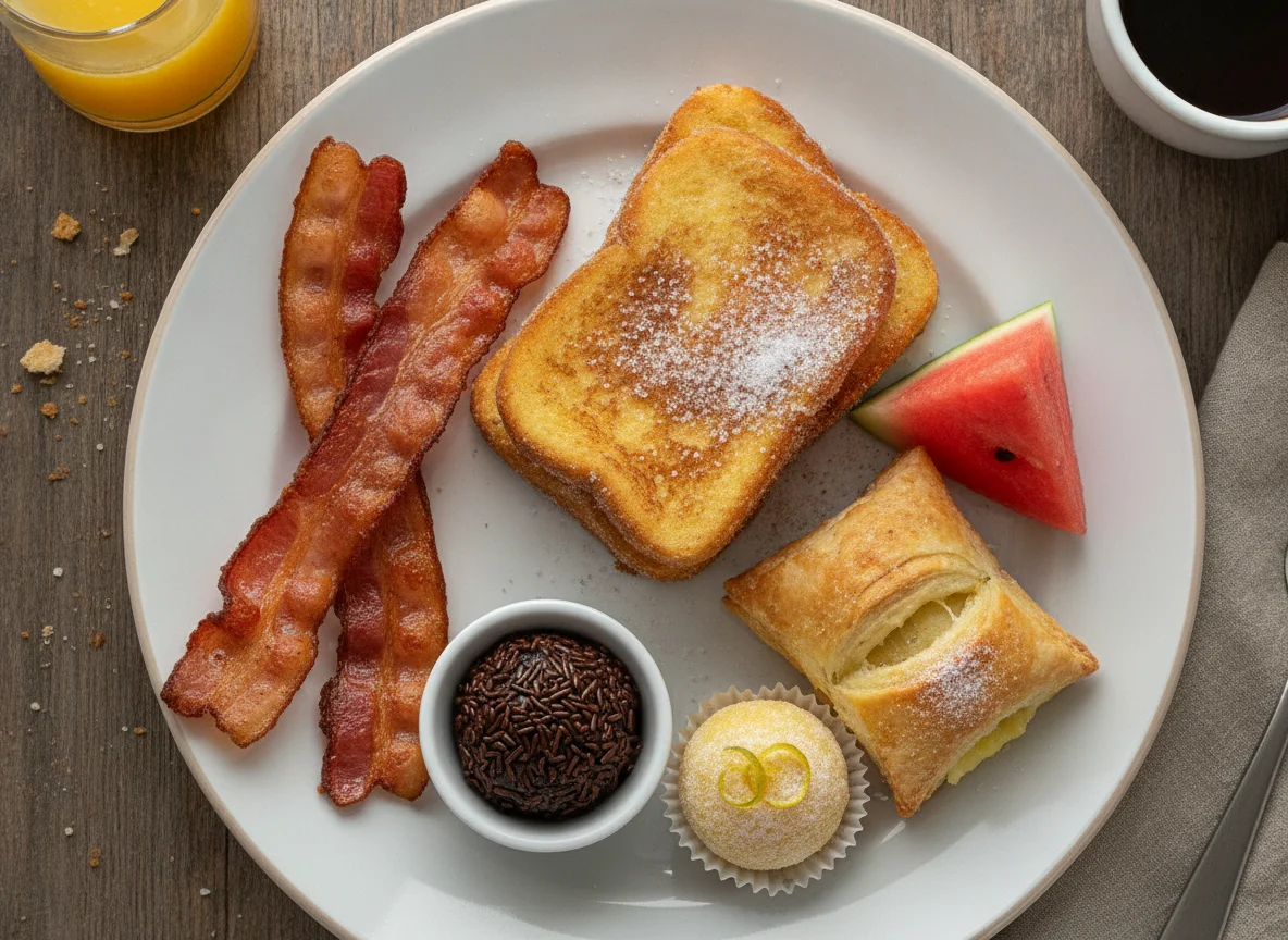 Café da manhã variado com bacon, rabanada e frutas photo