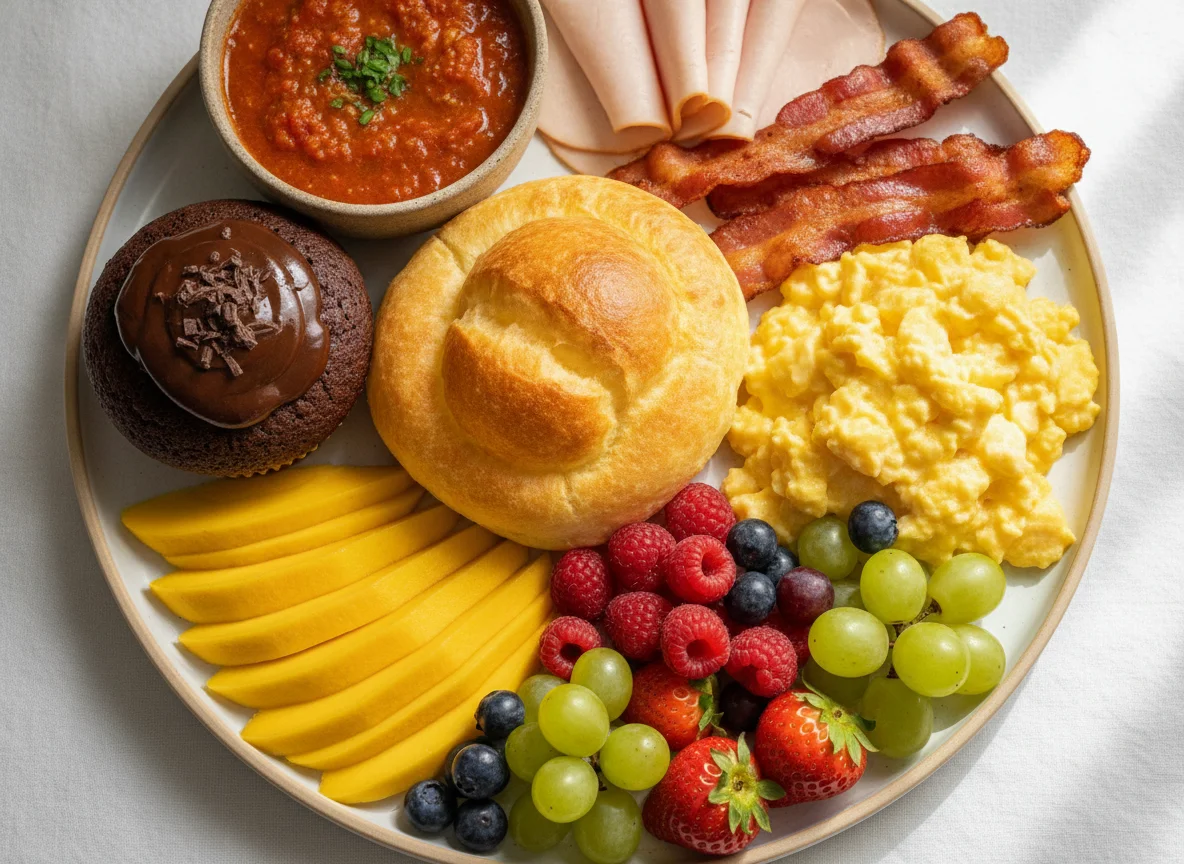 Café da manhã variado com ovos, bacon e frutas photo