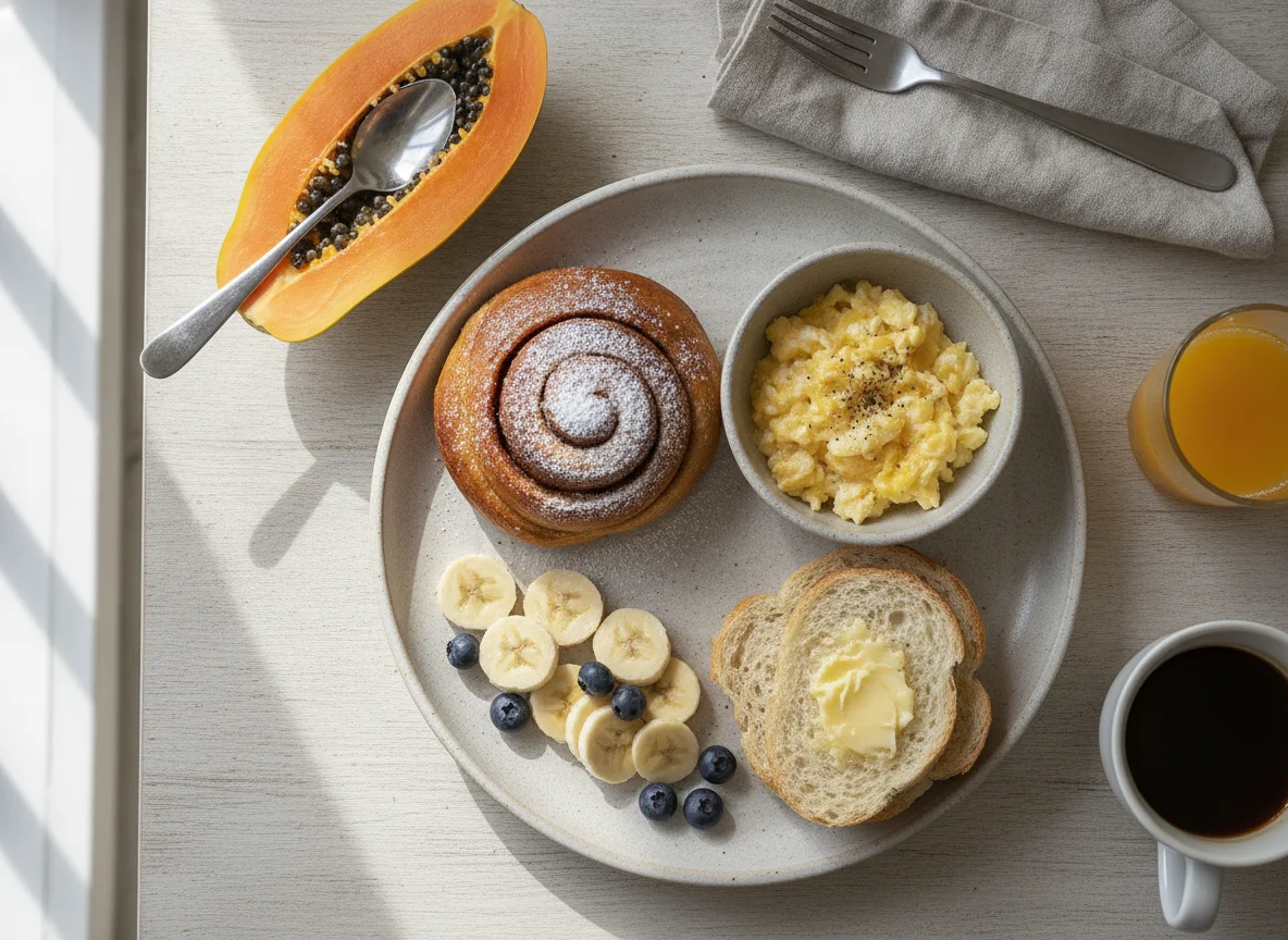 Café da manhã variado com ovos, pães e frutas photo