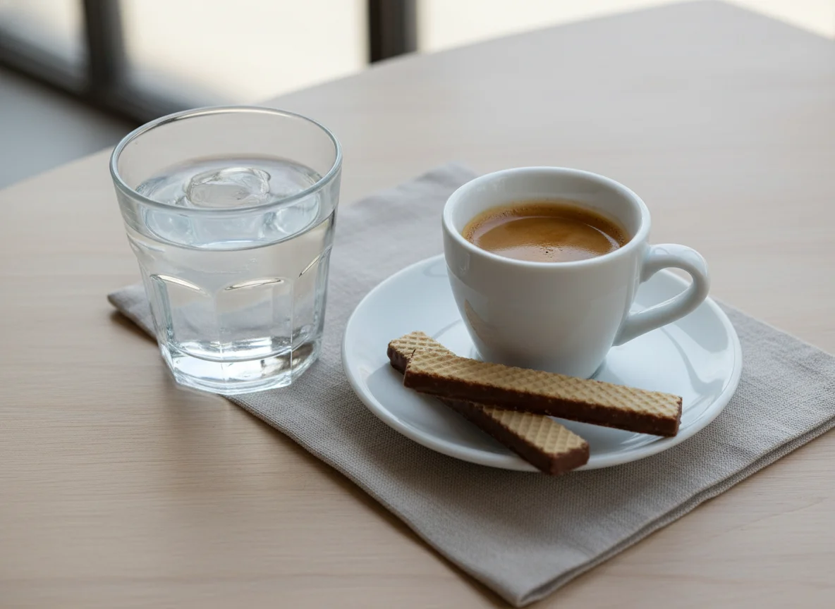 Café expresso com água e wafer de chocolate photo