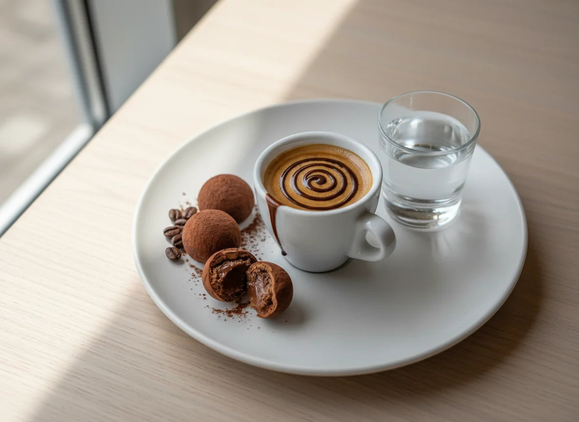 Café expresso com chocolate e água photo