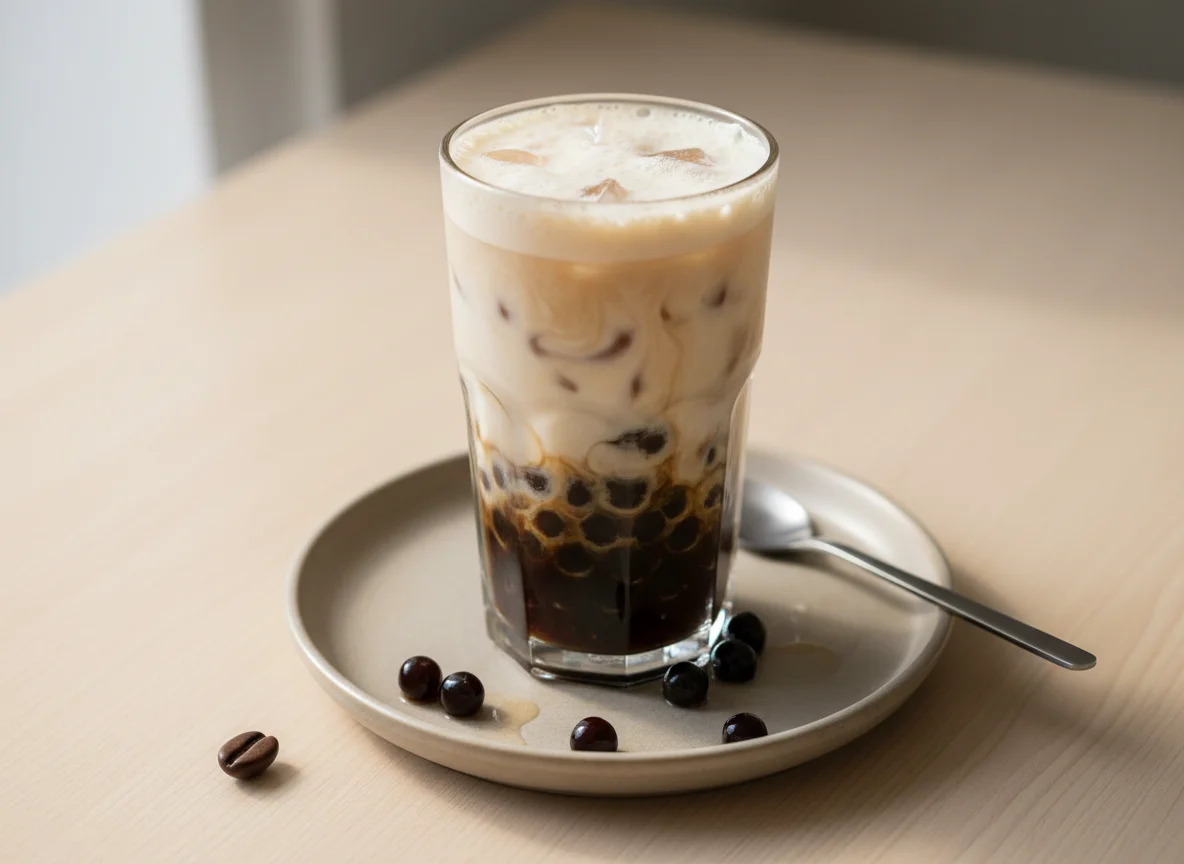Café gelado com leite e pérolas de tapioca photo
