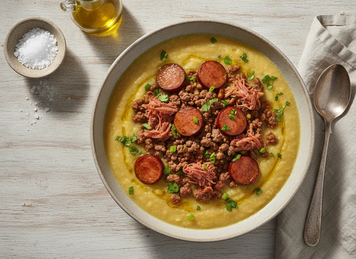 Caldo de aipim com calabresa, carne moída e carne sertão photo