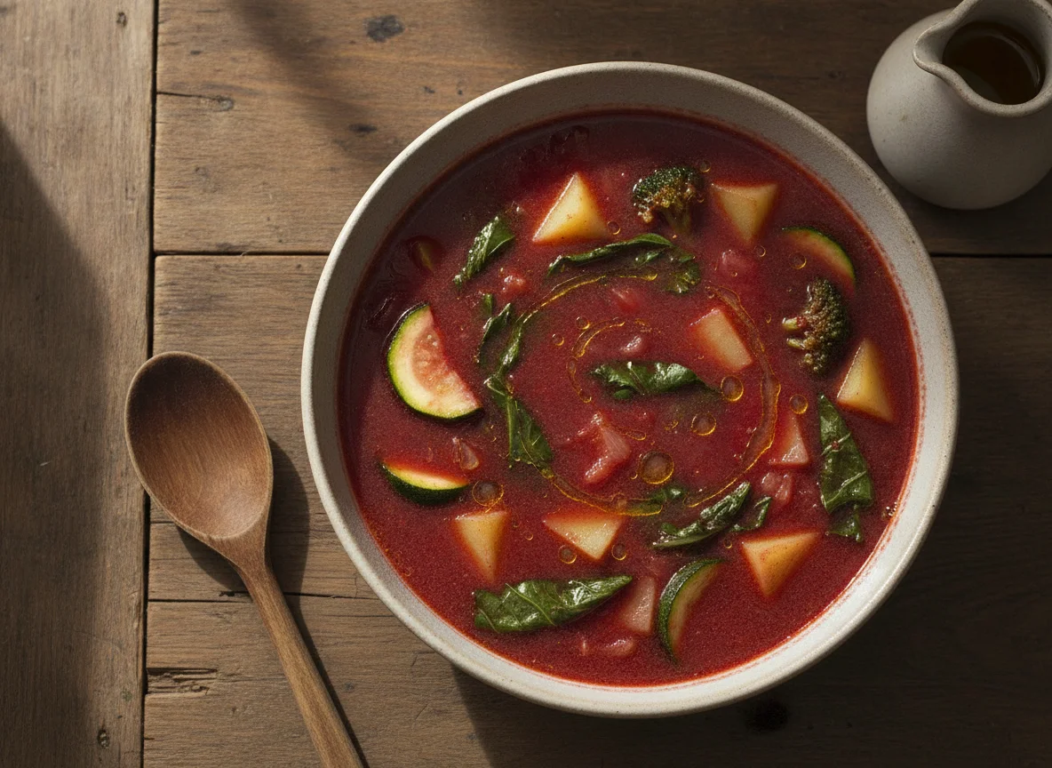 Caldo de beterraba com batata, abobrinha, brocolis e couve photo