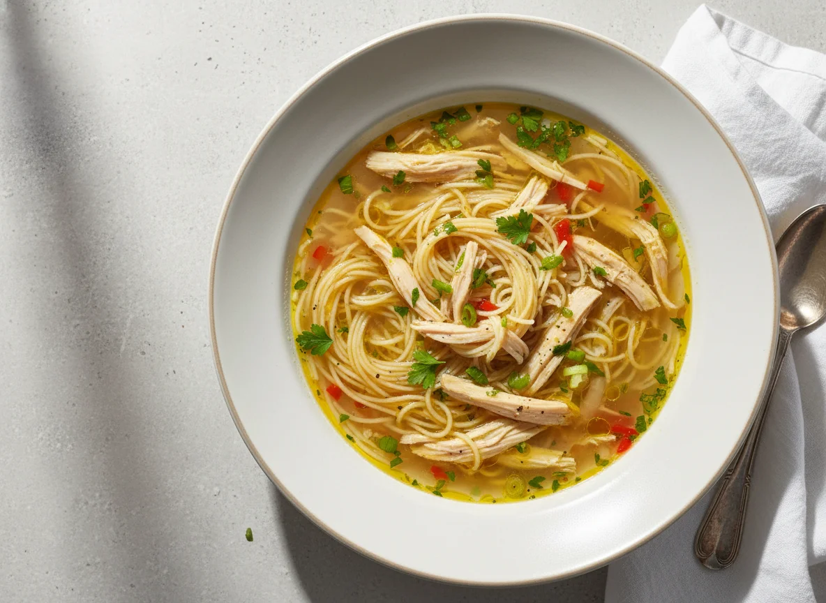 Caldo de frango com macarrão photo