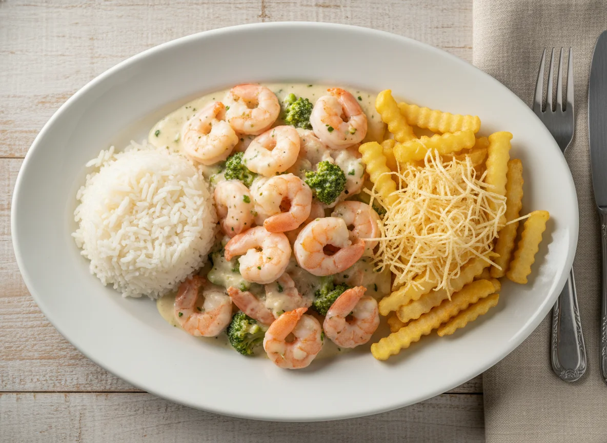 Camarão ao molho branco com arroz, batata frita e batata palha photo