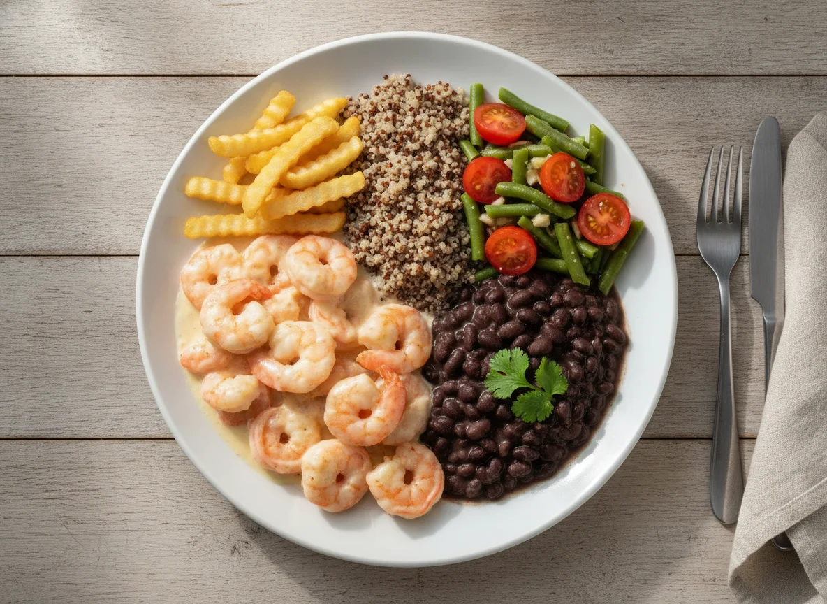 Camarão ao molho branco com feijão preto, quinoa e legumes photo