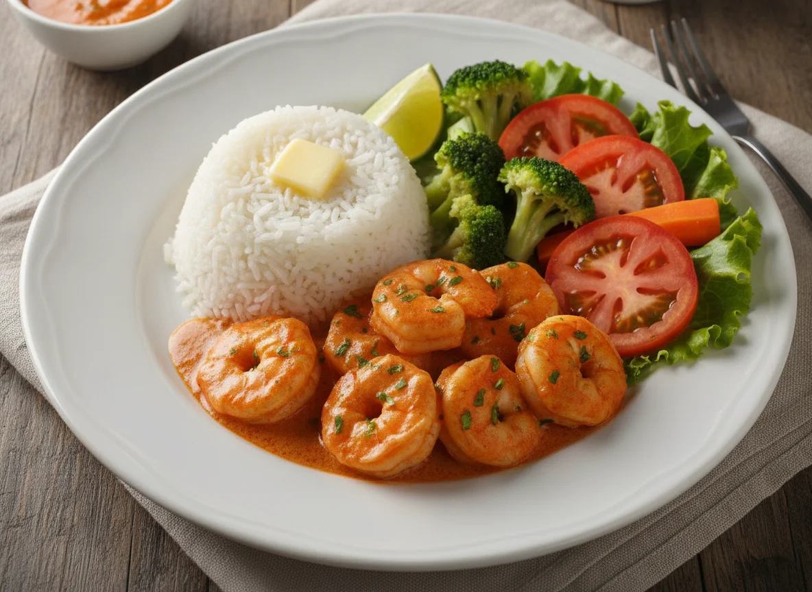 Camarão ao molho com arroz e salada photo