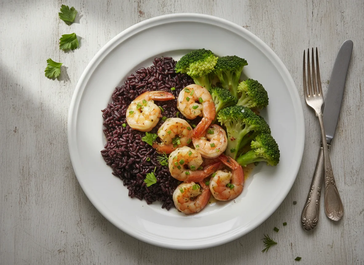 Camarão ao molho com arroz negro e brócolis photo