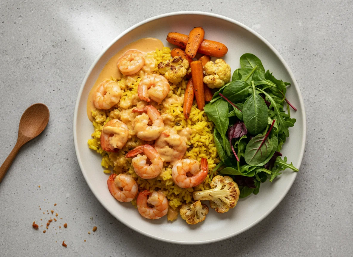Camarão com Arroz, Cenouras e Couve-flor photo