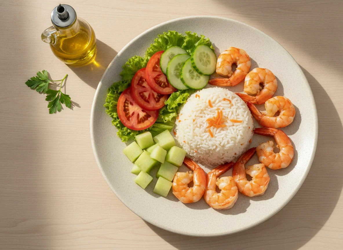 Camarão com arroz e salada photo