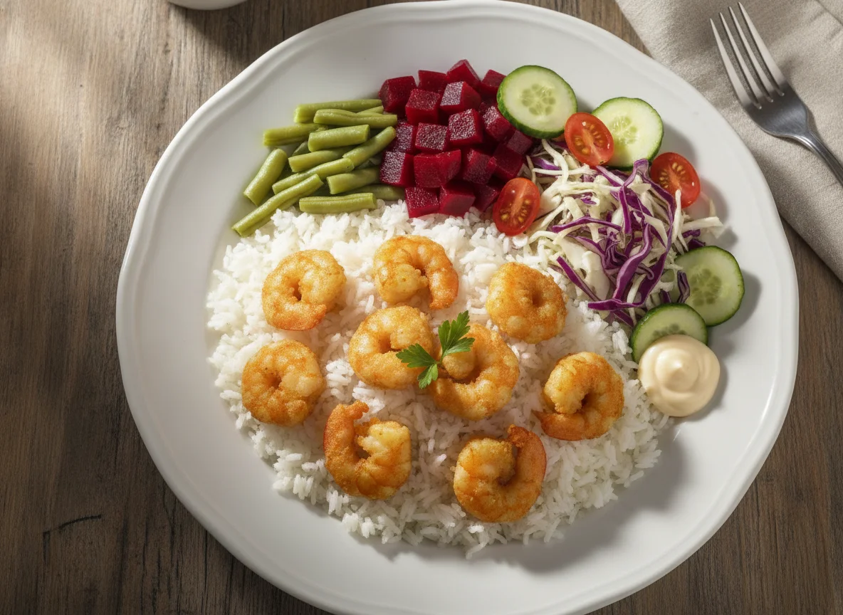 Camarão com arroz e salada mista photo
