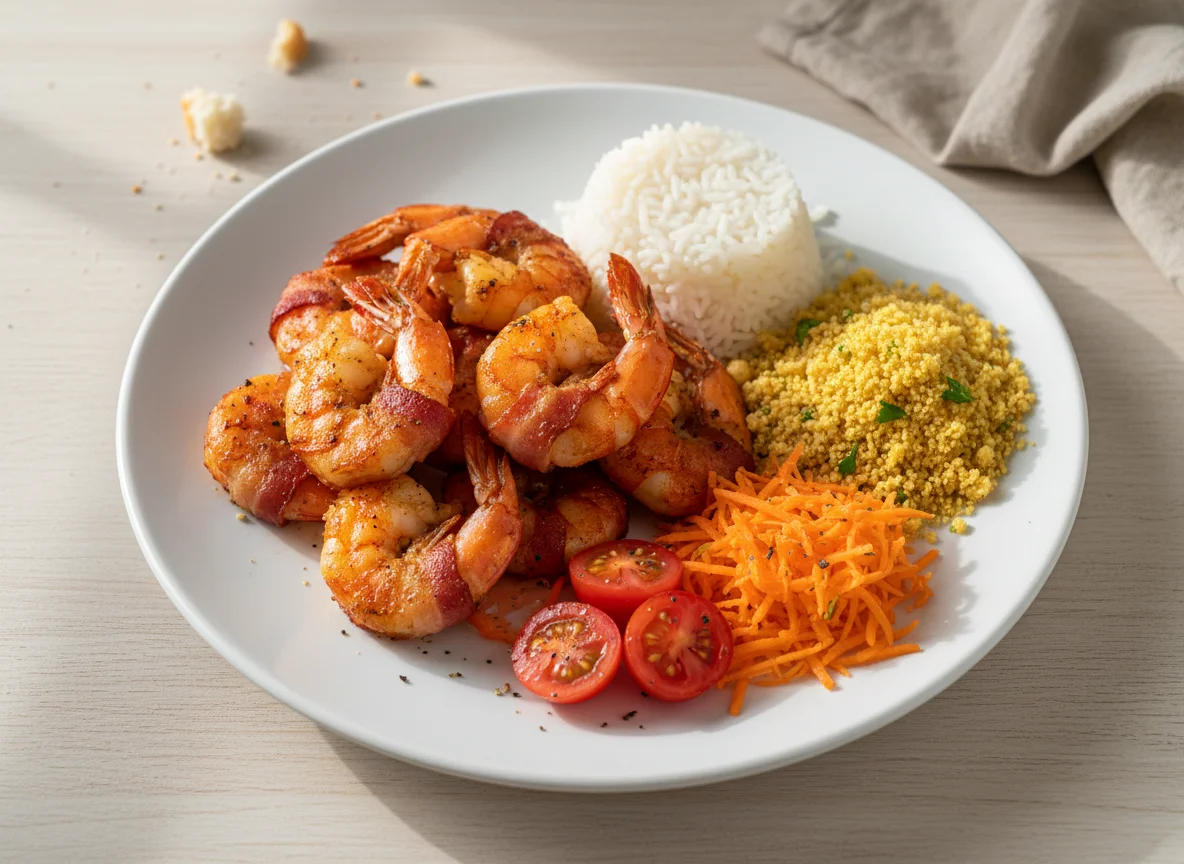 Camarão com bacon, arroz, farofa, cenoura e tomate photo