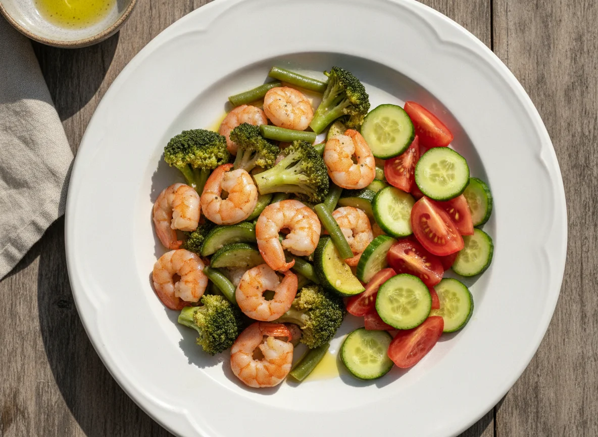 Camarão com Brócolis e Salada de Tomate com Pepino photo