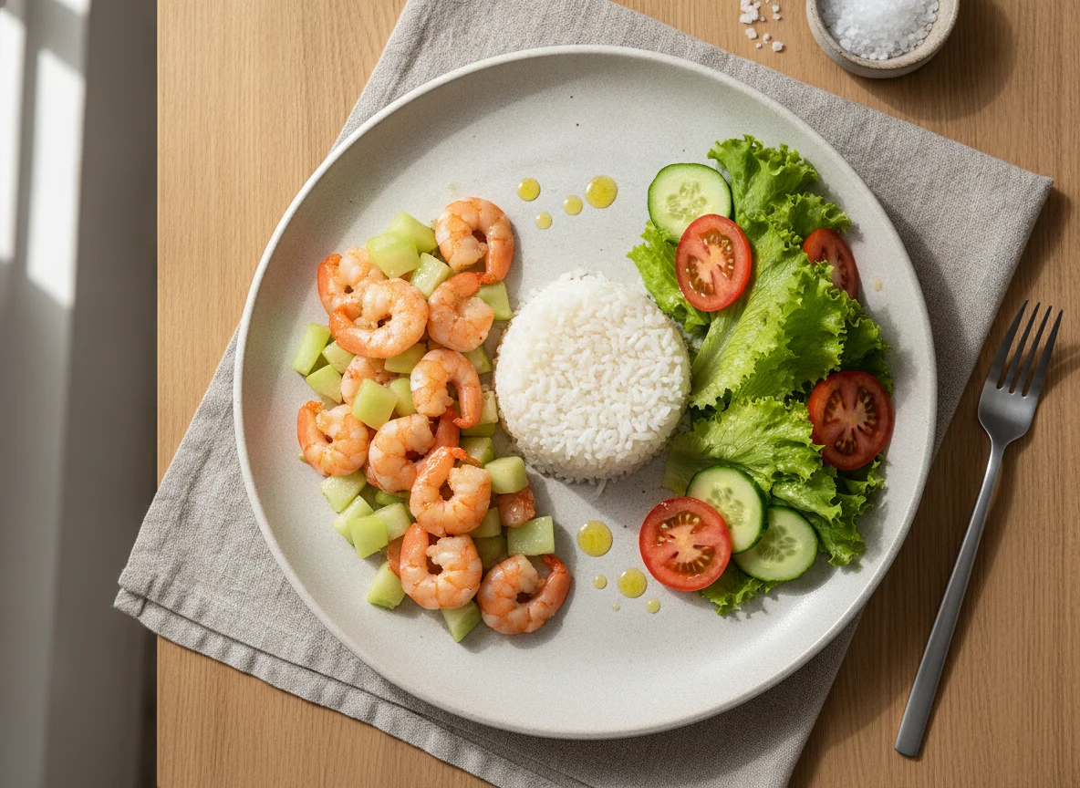 Camarão com chuchu, arroz de konjac e salada photo