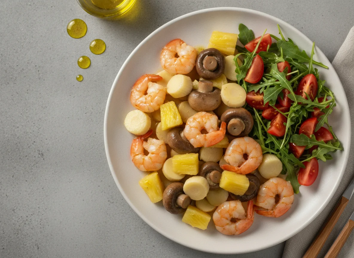 Camarão com cogumelos, palmito, abacaxi e salada photo