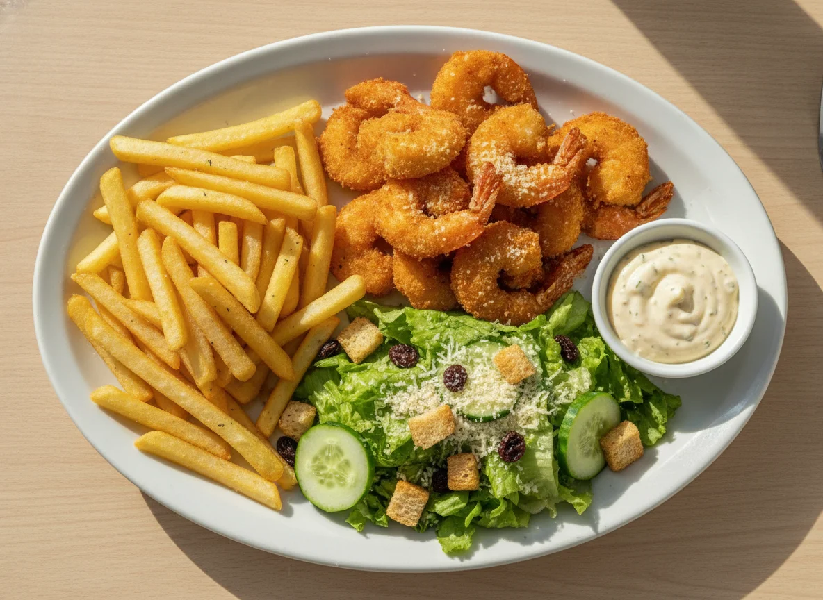 Camarão empanado com batatas fritas e salada photo