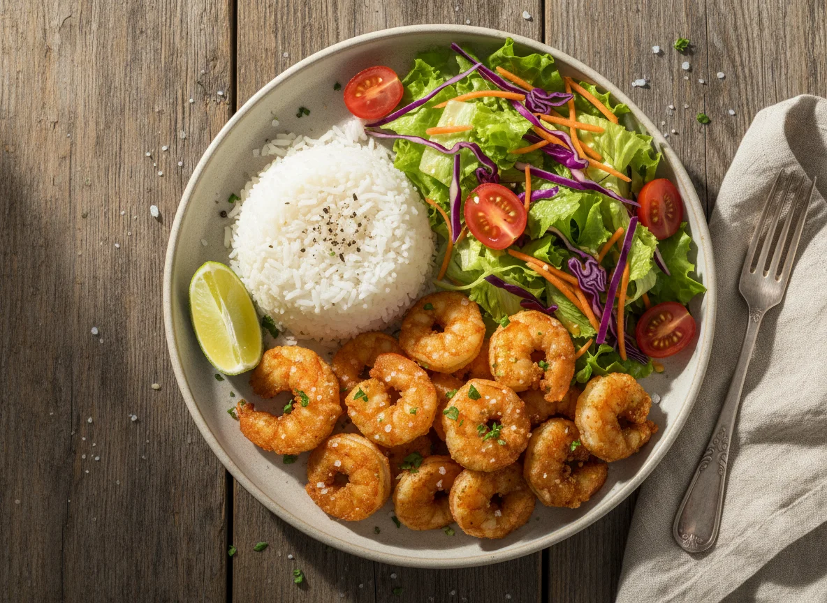 Camarão frito com arroz e salada photo