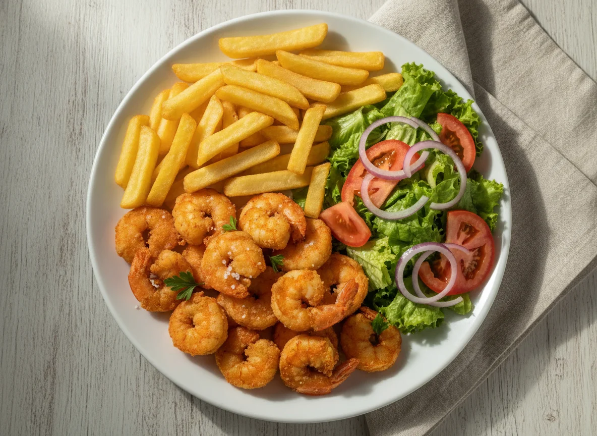 Camarão frito com batatas fritas e salada photo