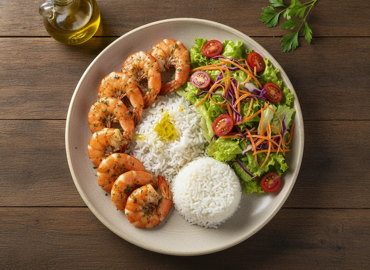 Camarão grelhado com arroz e salada mista photo