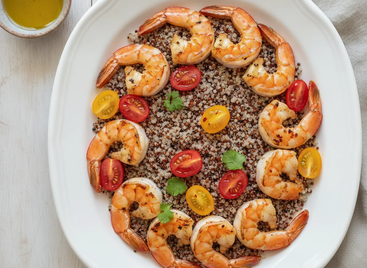 Camarão grelhado com quinoa e tomate cereja photo