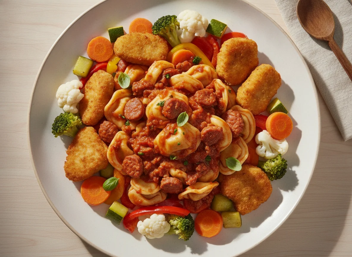 Capeletti ao molho de tomate com nuggets e legumes photo