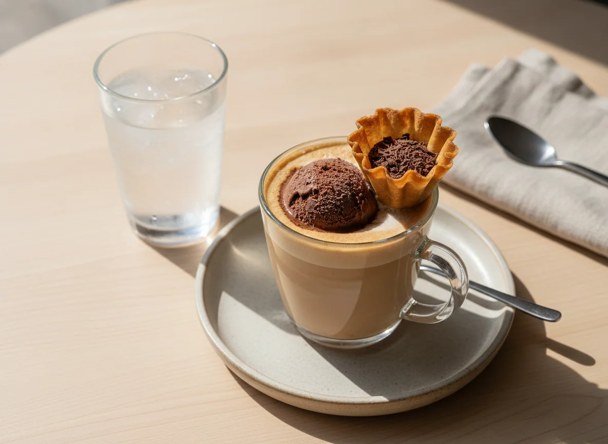 Cappuccino com sorvete de chocolate e água photo