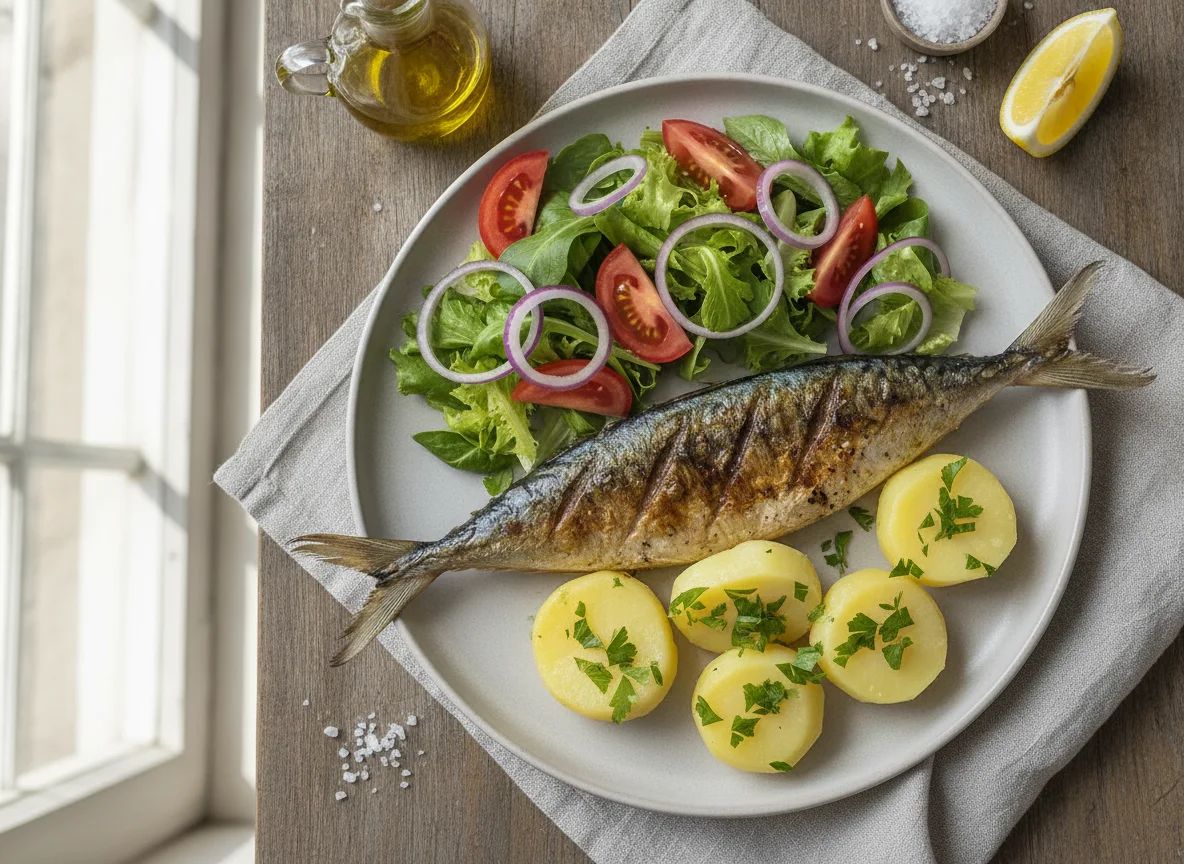 Carapau grelhado com batata cozida e salada photo