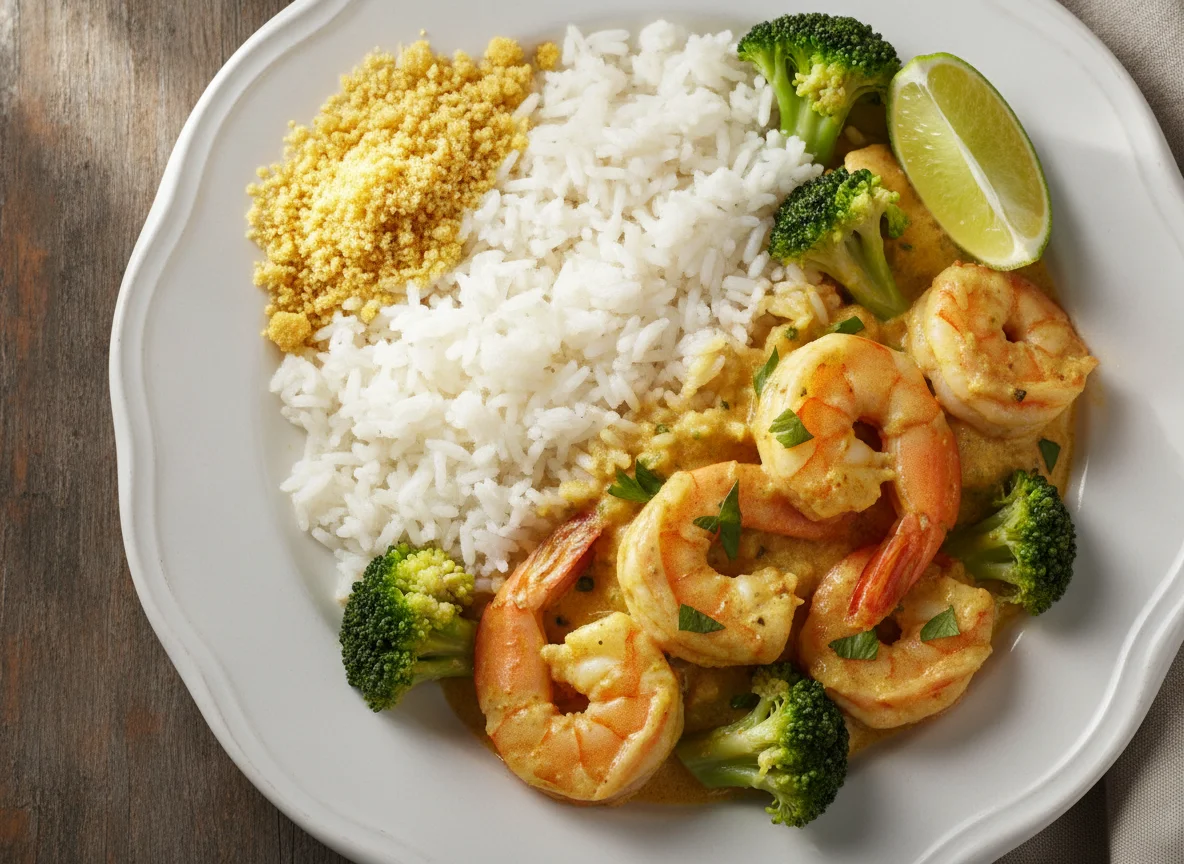 Caril de Camarão com Arroz e Brócolos photo
