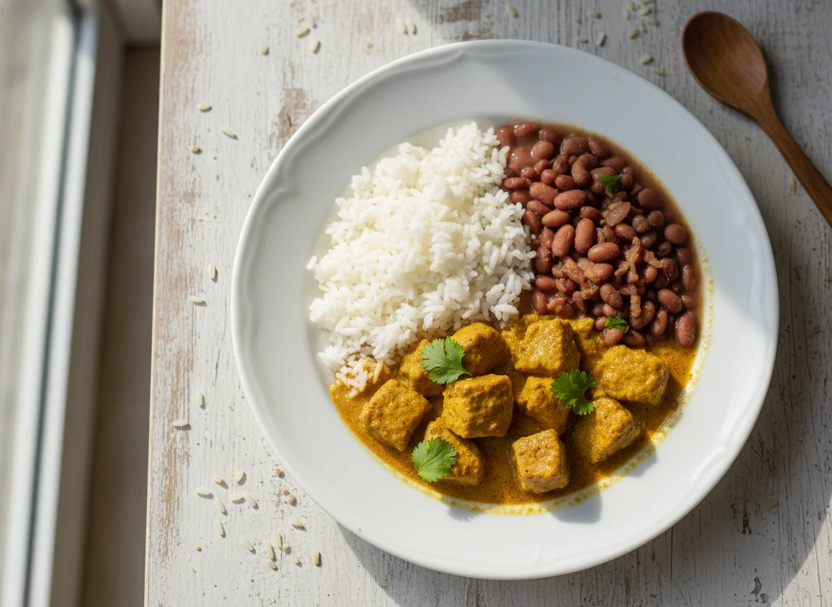 Caril de carne com arroz e feijão photo