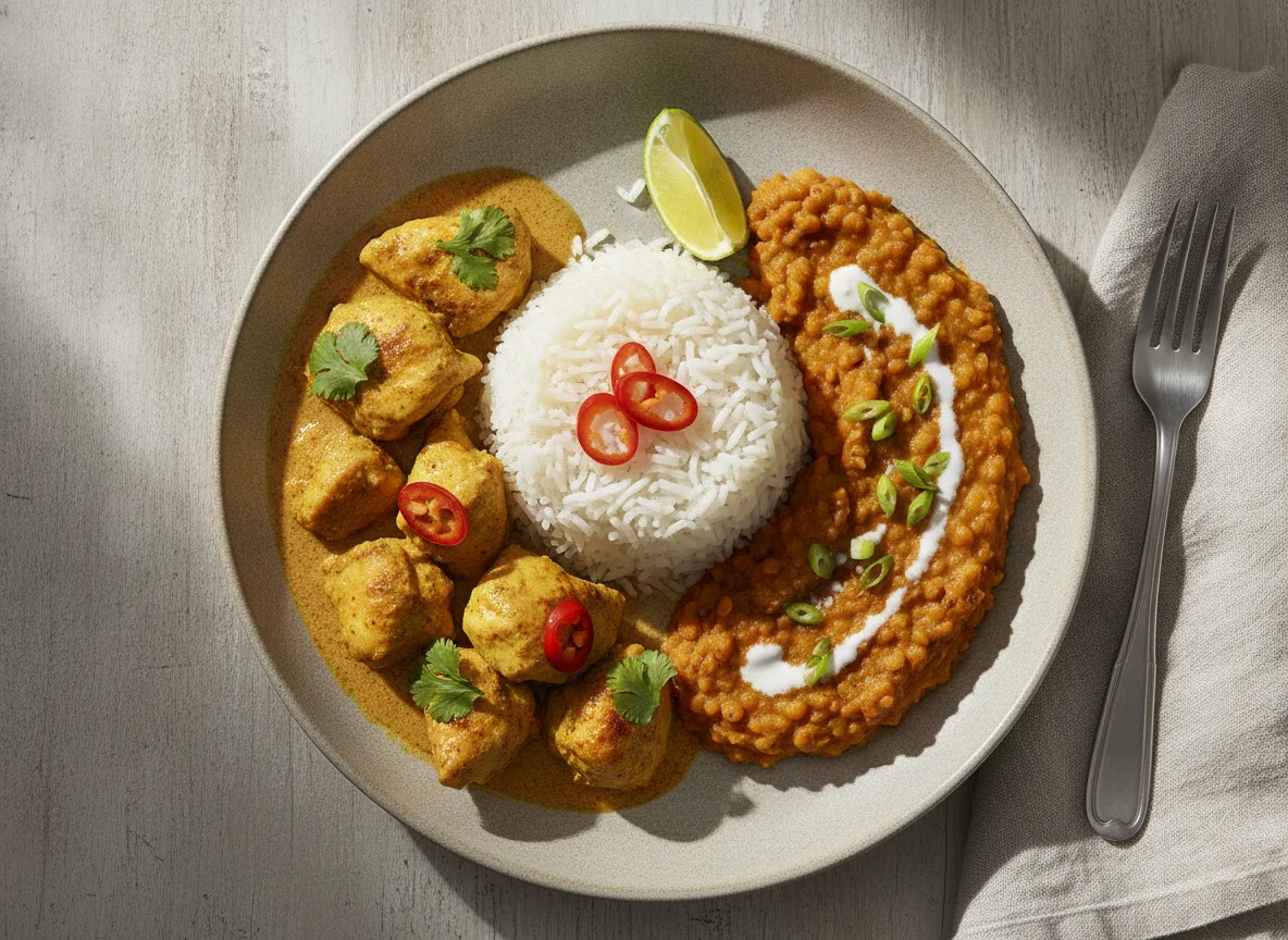 Caril de Frango com Arroz Basmati e Lentilhas photo