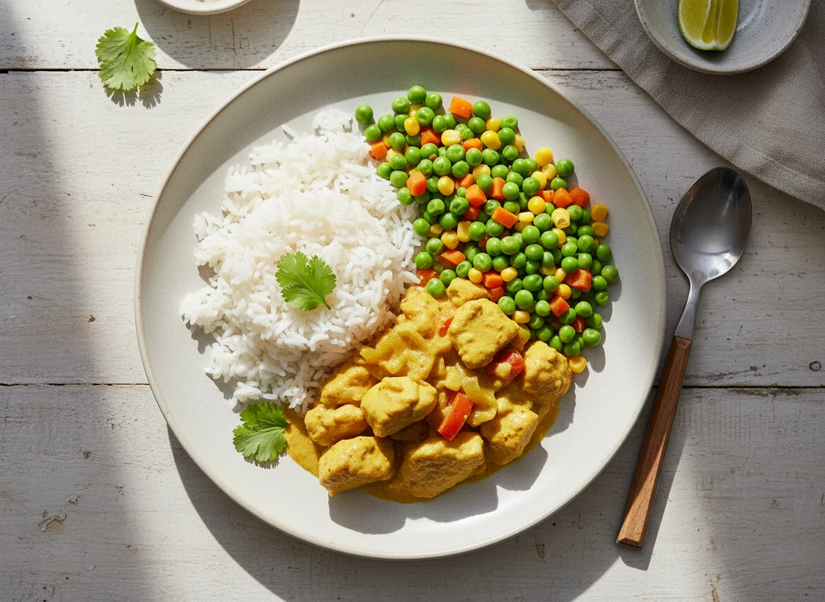 Caril de frango com arroz e ervilhas photo
