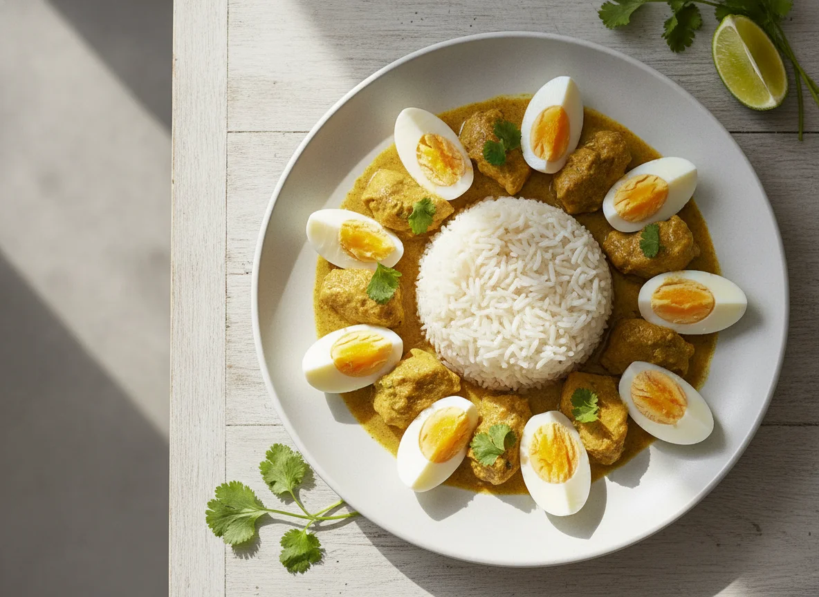 Caril de frango com arroz e ovos cozidos photo
