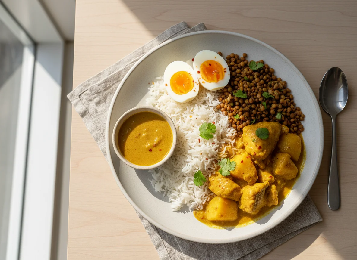 Caril de Frango com Arroz, Lentilhas e Ovos Cozidos photo