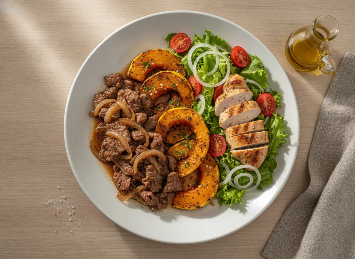 Carne acebolada com abóbora assada e salada mista photo