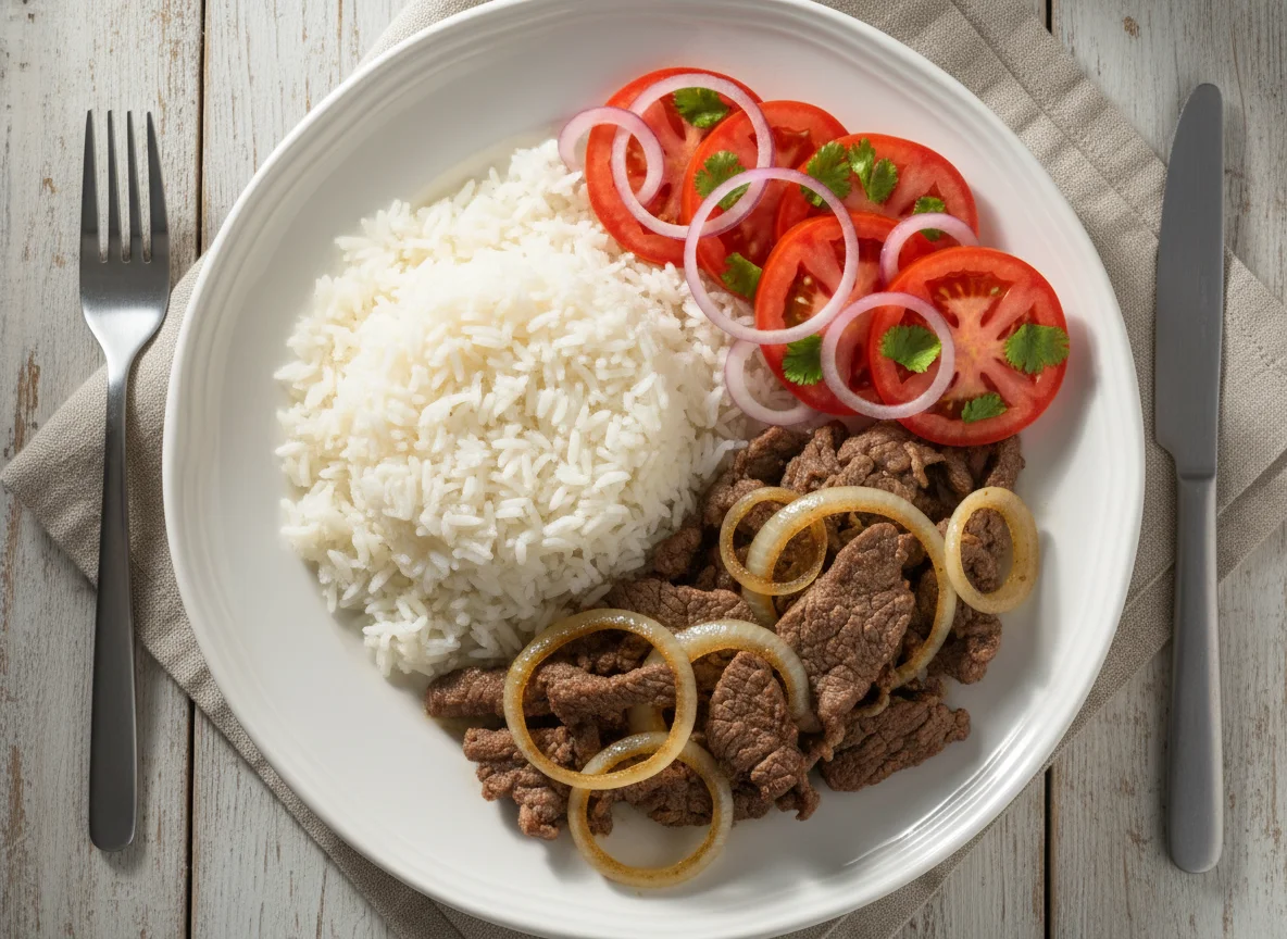 Carne acebolada com arroz e salada de tomate photo