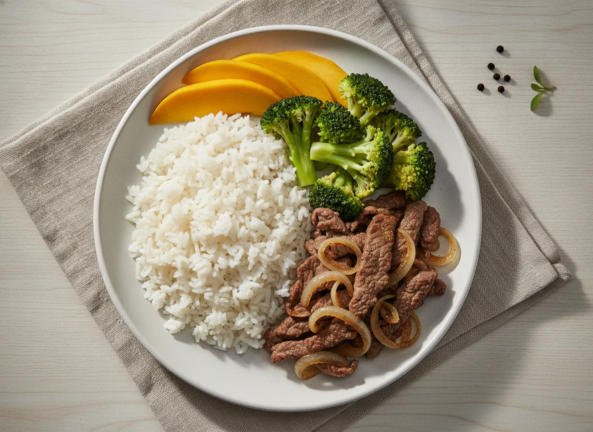 Carne acebolada com brócolis, arroz branco e manga photo