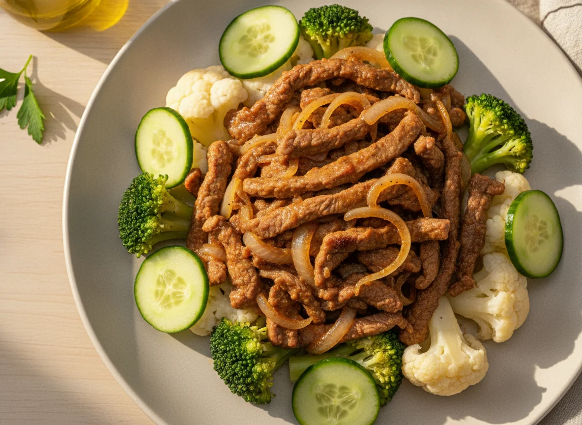 Carne acebolada com brócolis, couve-flor e pepino photo