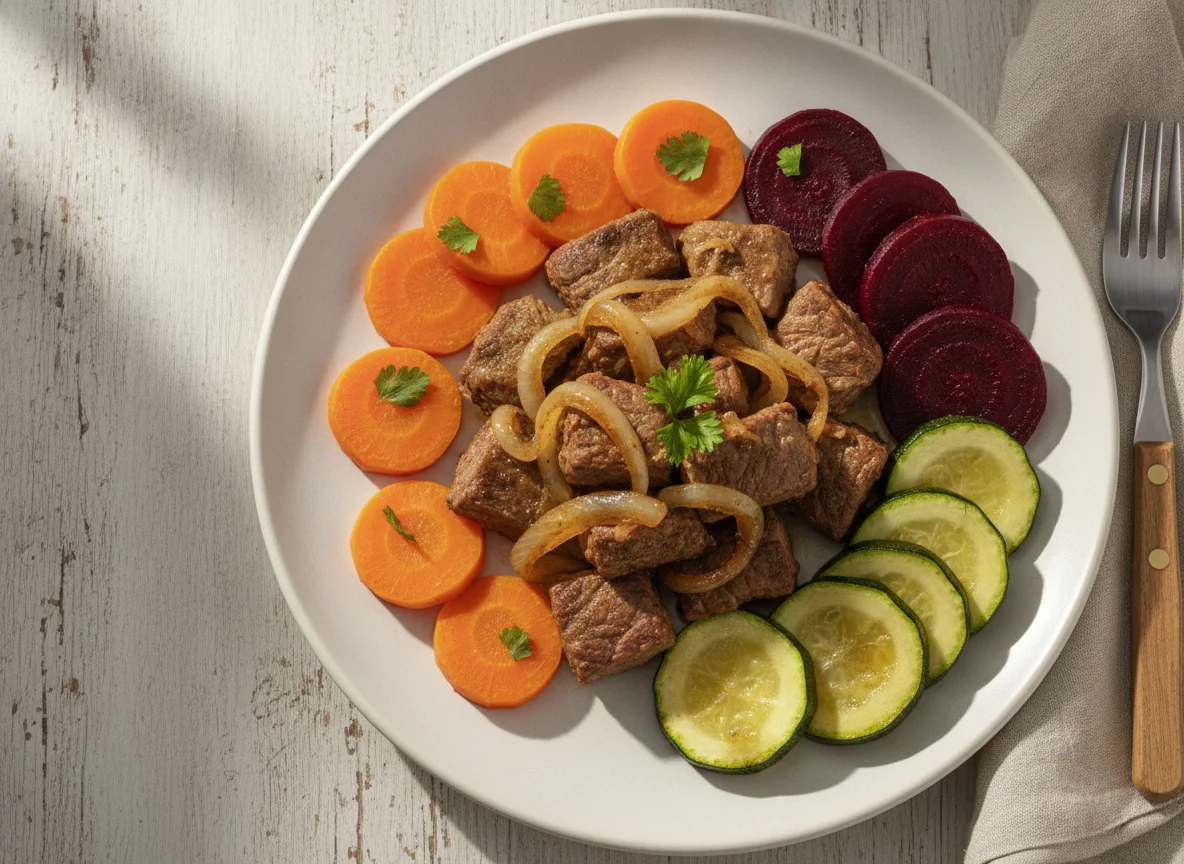 Carne acebolada com legumes photo