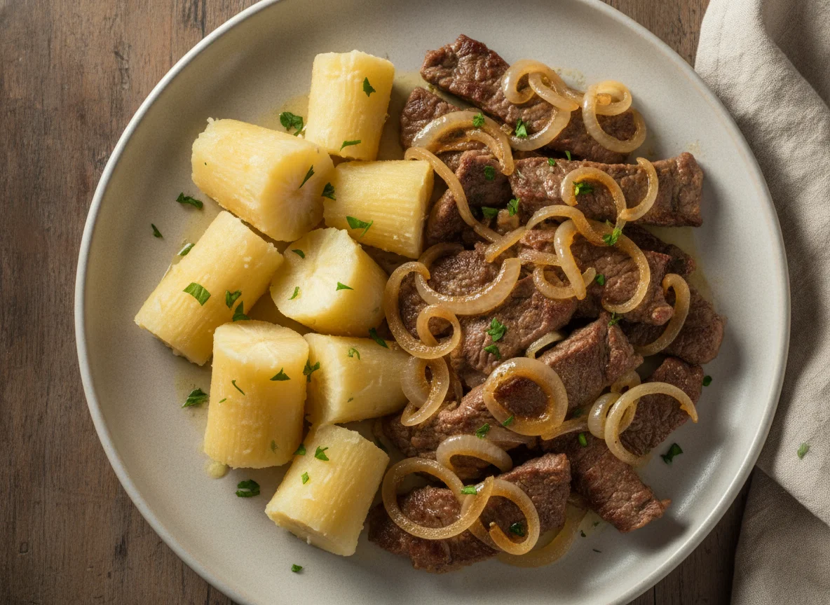 Carne acebolada com mandioca cozida photo
