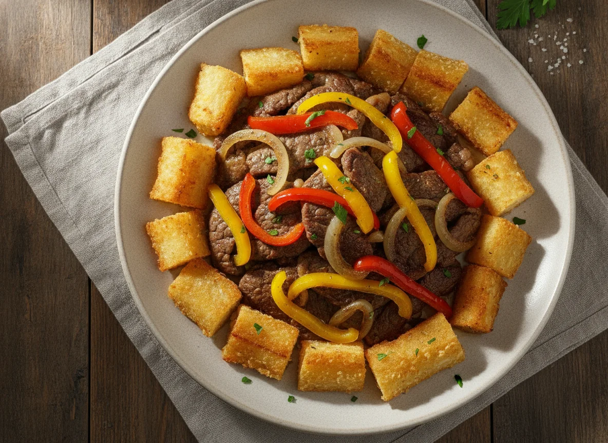 Carne acebolada com pimentão e mandioca frita photo
