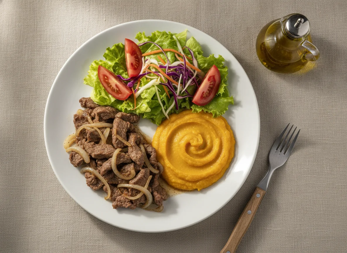 Carne acebolada com purê de abóbora e salada mista photo