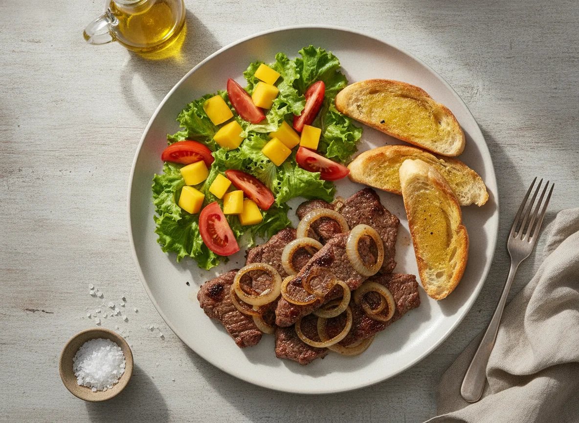 Carne acebolada com salada e torradas photo
