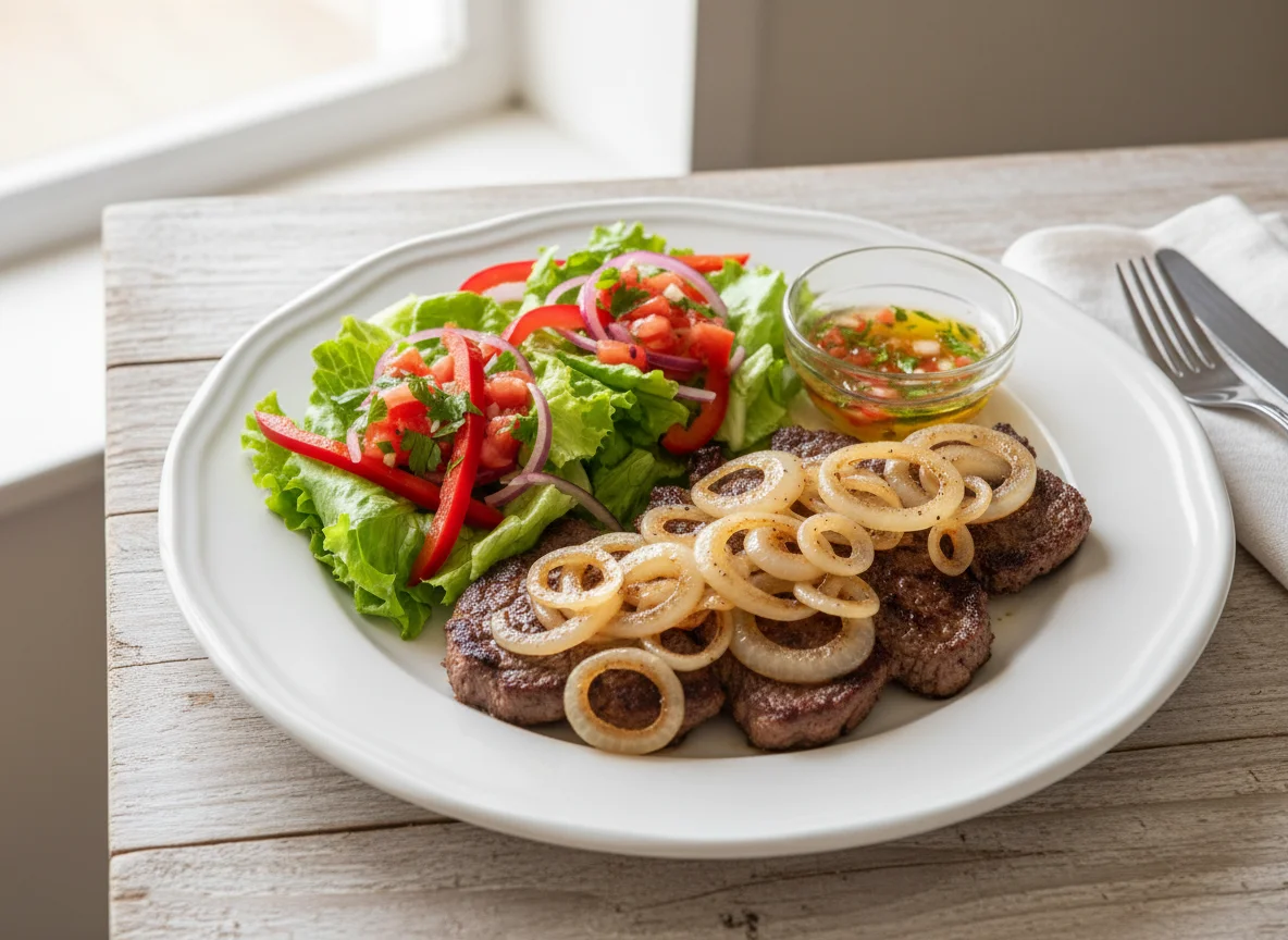 Carne acebolada com salada photo