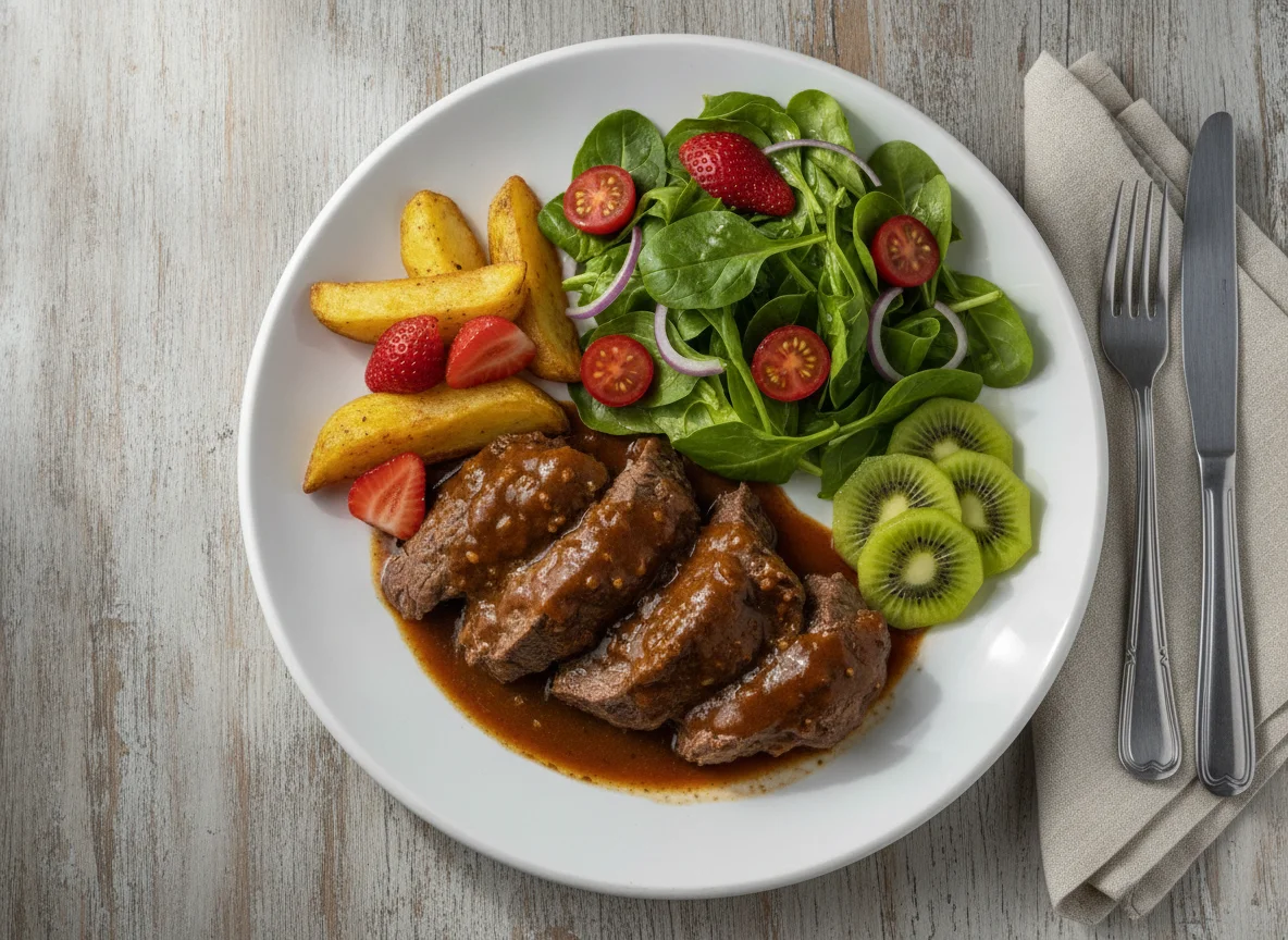 Carne ao molho com salada e frutas photo